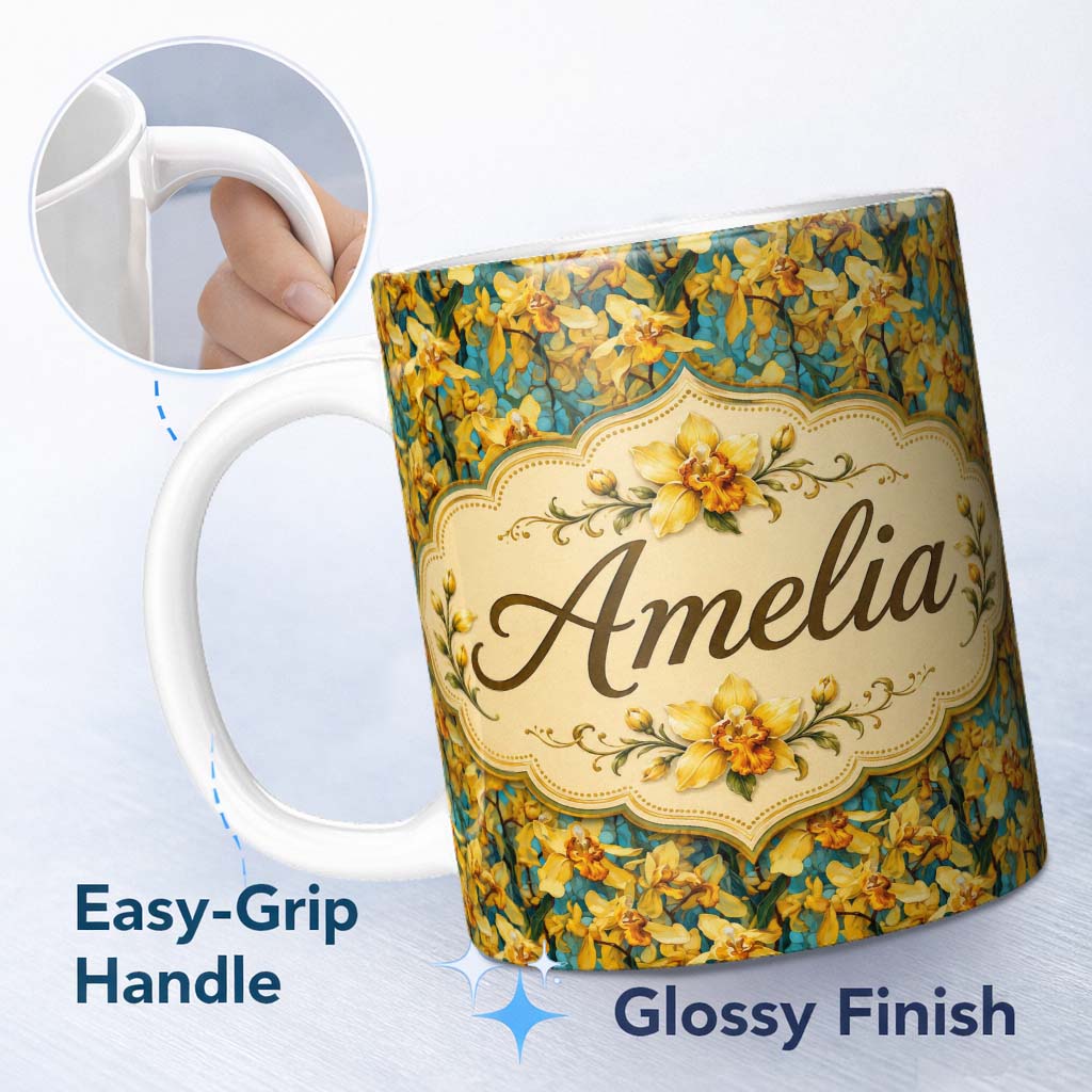 Personalized Custom Name Yellow Orchid Floral with Artistic Painterly Texture on Teal Lovely 11oz Ceramic Coffee Tea Mug White Large Handle