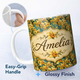 Personalized Custom Name Yellow Orchid Floral with Artistic Painterly Texture on Teal Lovely 11oz Ceramic Coffee Tea Mug White Large Handle