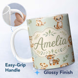 Personalized Custom Name Cute Baby Jungle Animals with Leaves on Sage Green Background Lovely 11oz Ceramic Coffee Tea Mug White Large Handle