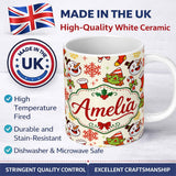 Personalized Custom Name Cute Snowman Elf Candy Cane Christmas Stocking Festive Seamless 11oz Ceramic Coffee Tea Mug White Large Handle