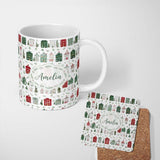 Personalized Custom Name Watercolor Christmas Holly Berry Wreath Pattern Festive Winter 11oz Ceramic Coffee Tea Mug White Large Handle