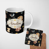 Custom Name Cute Safari Animals Lion Meerkat Toucan and Warthog with Sun 11oz Ceramic Coffee Tea Mug White Large Handle