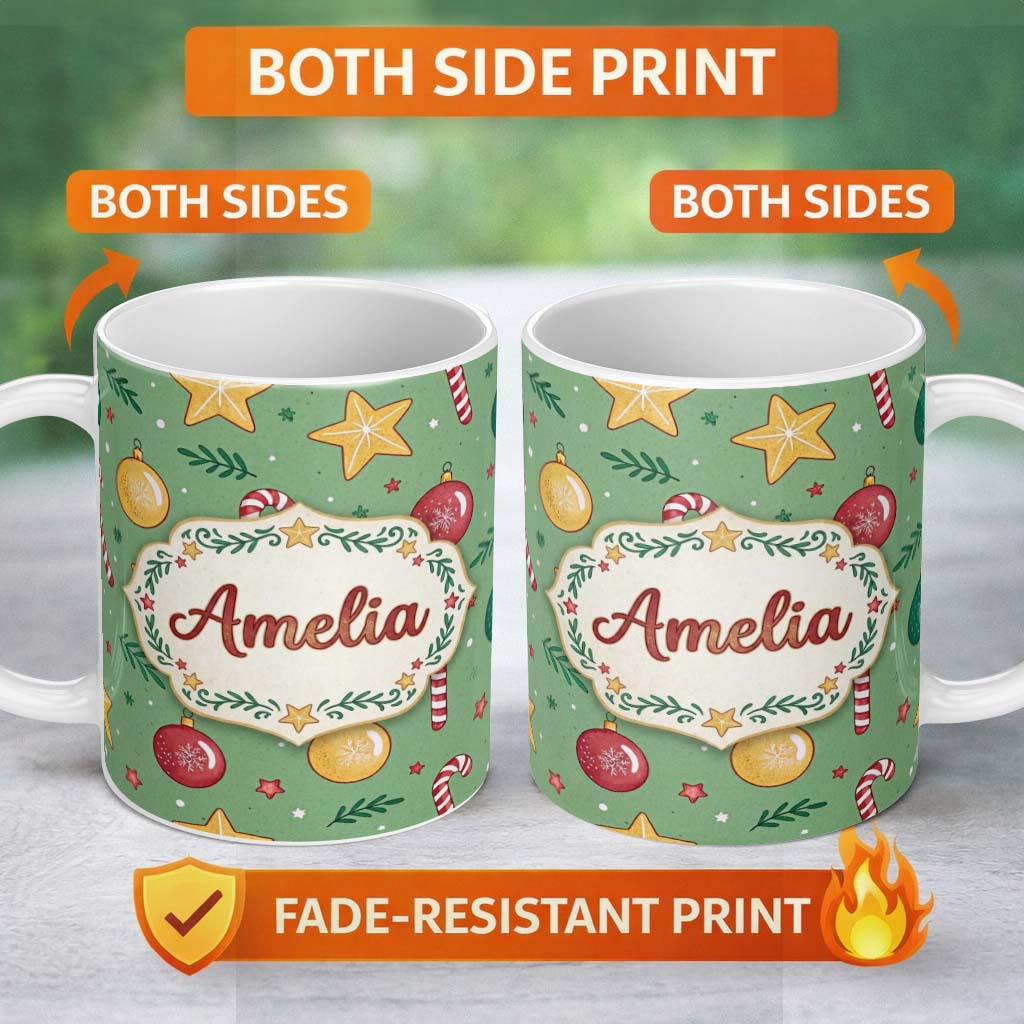 Personalized Custom Name Christmas Candy Cane Baubles Stars Green Festive Seamless Pattern 11oz Ceramic Coffee Tea Mug White Large Handle