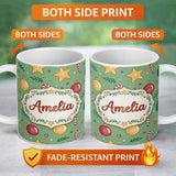 Personalized Custom Name Christmas Candy Cane Baubles Stars Green Festive Seamless Pattern 11oz Ceramic Coffee Tea Mug White Large Handle