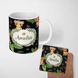Personalized Custom Name Cute Jungle Animals Dark Background Seamless Pattern Lovely 11oz Ceramic Coffee Tea Mug White Large Handle