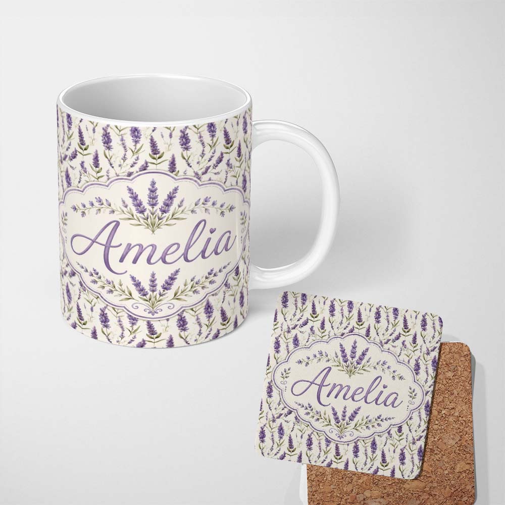 Personalized Custom Name Delicate Lavender Meadow Floral Pattern with Light Watercolour Style 11oz Ceramic Coffee Tea Mug White Large Handle