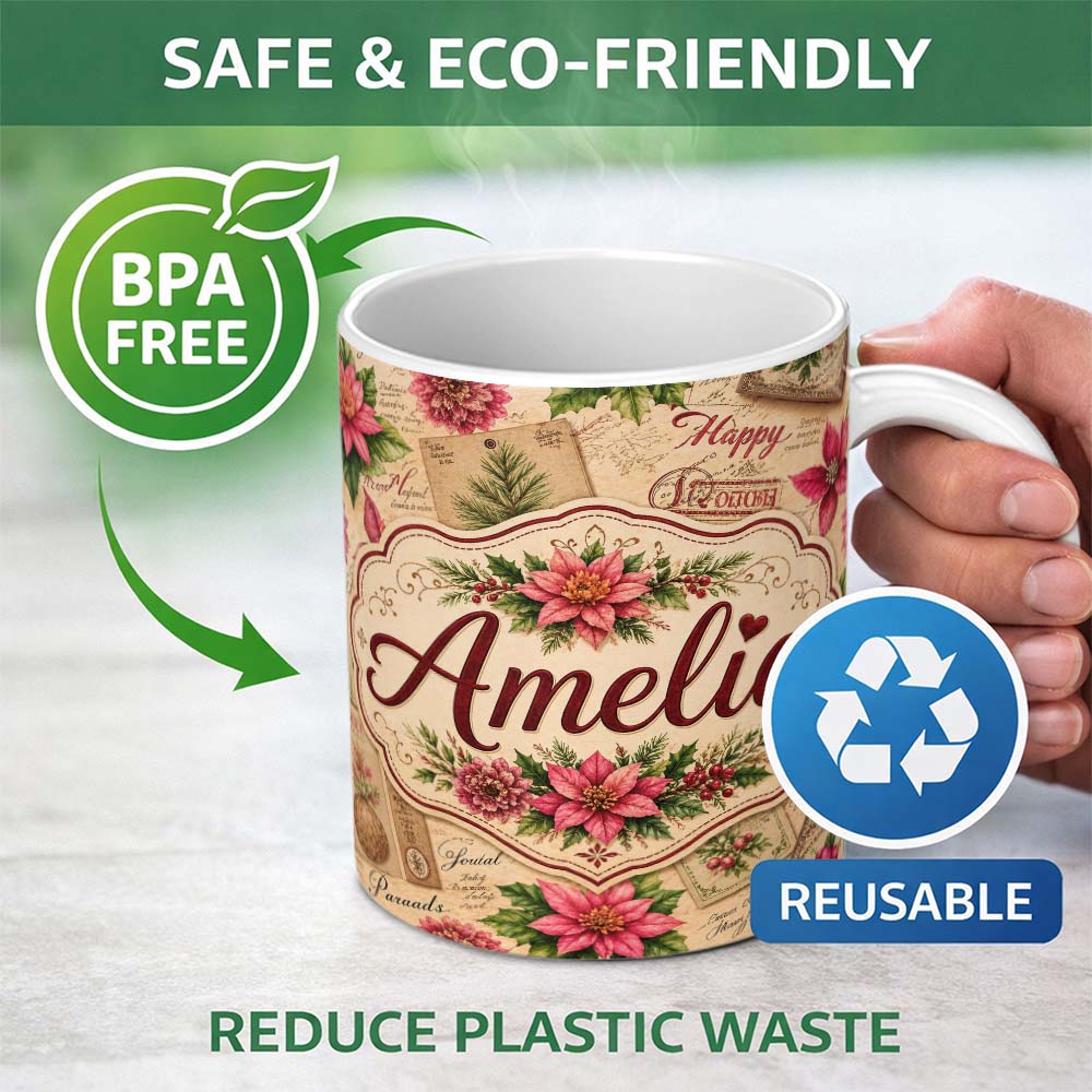 Personalized Custom Name Elegant Vintage Christmas Postcards Botanical Florals and Script 11oz Ceramic Coffee Tea Mug White Large Handle