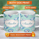 Personalized Custom Name Cute Dolphin Stingray Starfish Cartoon Sea Life Pattern Mint Lovely 11oz Ceramic Coffee Tea Mug White Large Handle