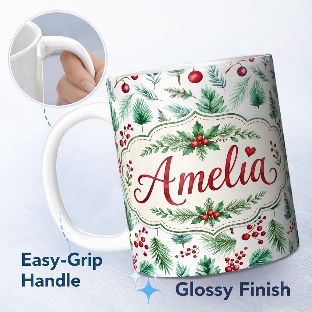 Custom Name Watercolor Pine Branches Red Berries Christmas Foliage Seamless 11oz Ceramic Coffee Tea Mug White Large Handle