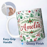 Custom Name Watercolor Pine Branches Red Berries Christmas Foliage Seamless 11oz Ceramic Coffee Tea Mug White Large Handle