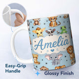Personalized Custom Name Cute Jungle Baby Animals Lion Tiger Elephant Giraffe Pattern Blue 11oz Ceramic Coffee Tea Mug White Large Handle