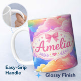 Personalized Custom Name Pastel Rainbow Cloud Sky Dreamy Seamless Pattern Cute Unique Gift 11oz Ceramic Coffee Tea Mug White Large Handle