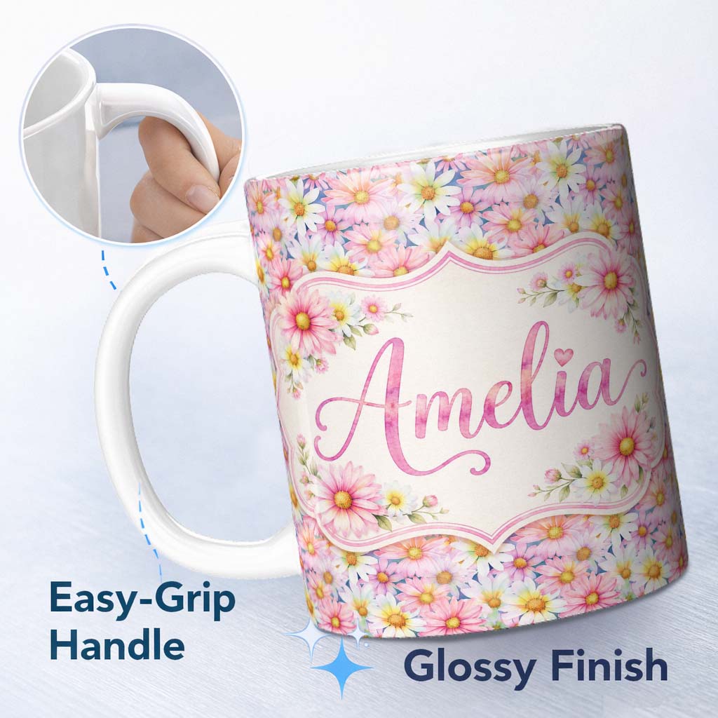 Personalized Custom Name Pastel Pink and Yellow Daisy Floral Seamless Pattern Lovely 11oz Ceramic Coffee Tea Mug White Large Handle