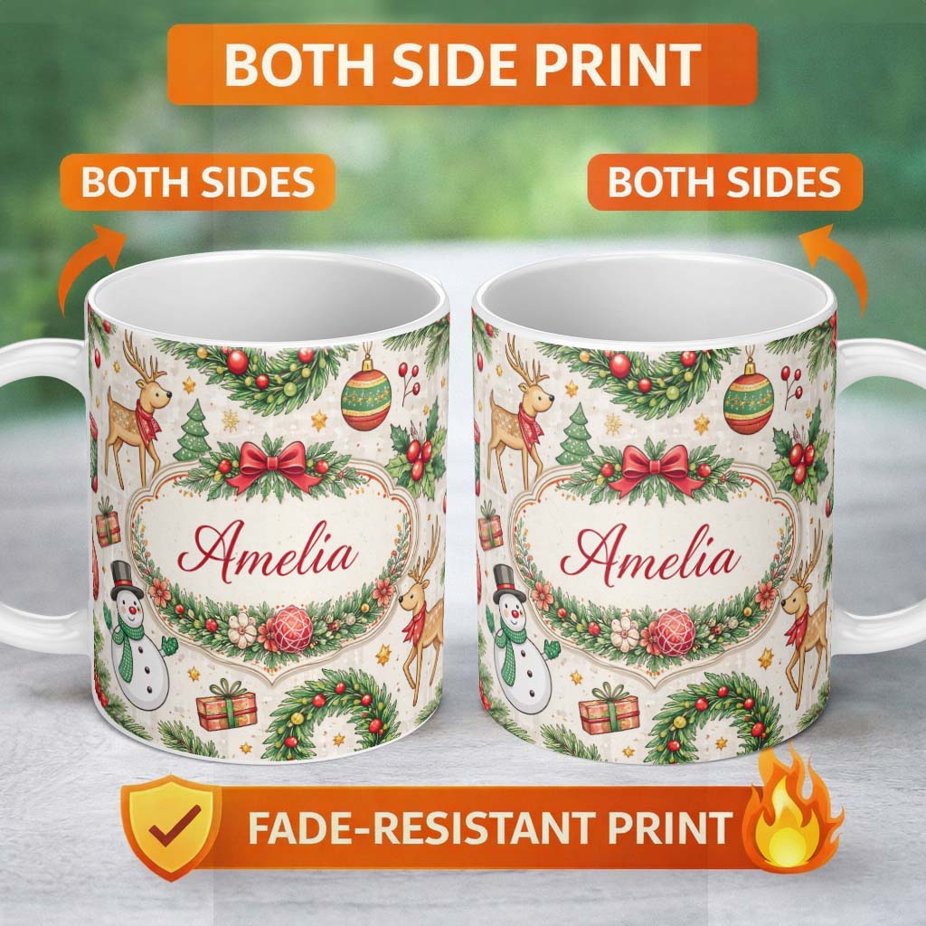 Personalized Custom Name Classic Christmas Plaid Tree Reindeer Seamless Pattern Lovely 11oz Ceramic Coffee Tea Mug White Large Handle