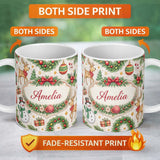 Personalized Custom Name Classic Christmas Plaid Tree Reindeer Seamless Pattern Lovely 11oz Ceramic Coffee Tea Mug White Large Handle