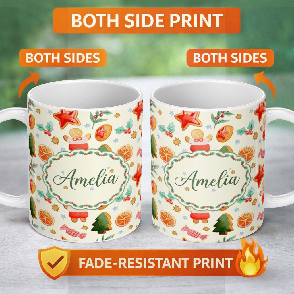 Personalized Custom Name Cute Gingerbread Cookies Candy Orange Slice Christmas Seamless 11oz Ceramic Coffee Tea Mug White Large Handle