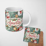 Personalized Custom Name Cute Snowman Gingerbread Baubles Winter Watercolor Seamless Pattern 11oz Ceramic Coffee Tea Mug White Large Handle