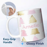 Personalized Custom Name Minimal Gold Pink Christmas Tree Seamless Pattern Cute Unique Gift 11oz Ceramic Coffee Tea Mug White Large Handle