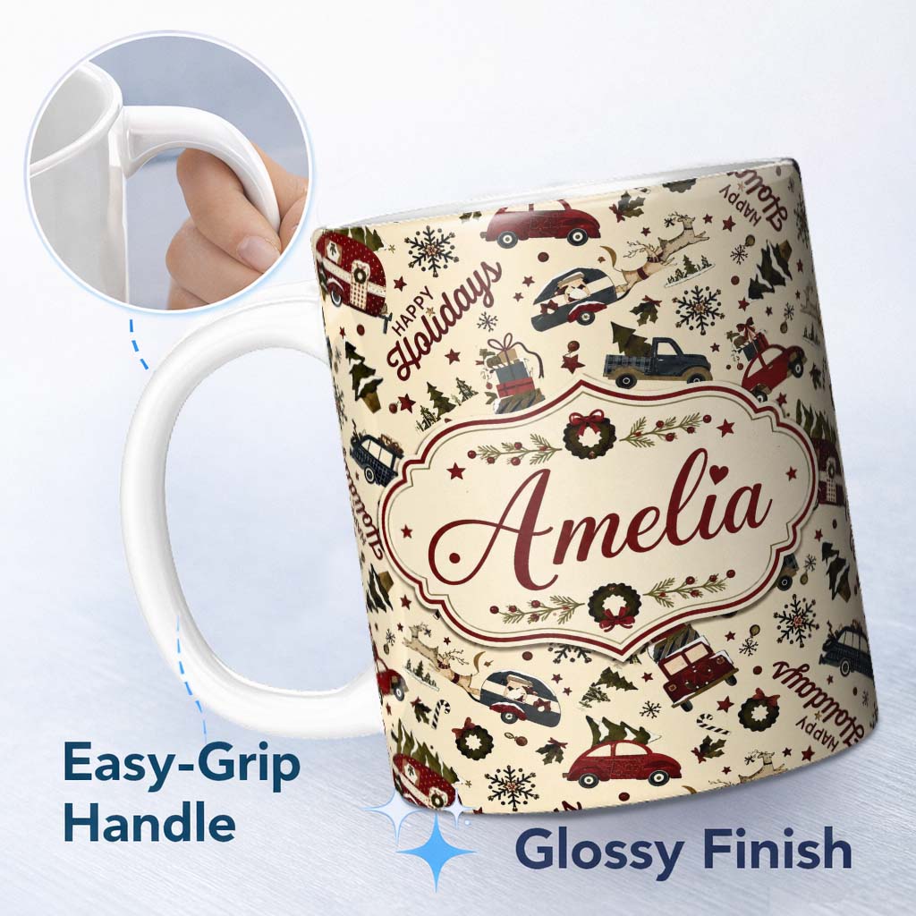 Personalized Custom Name Festive Holiday Cars Gifts Snowflakes Happy Holidays Seamless Lovely 11oz Ceramic Coffee Tea Mug White Large Handle
