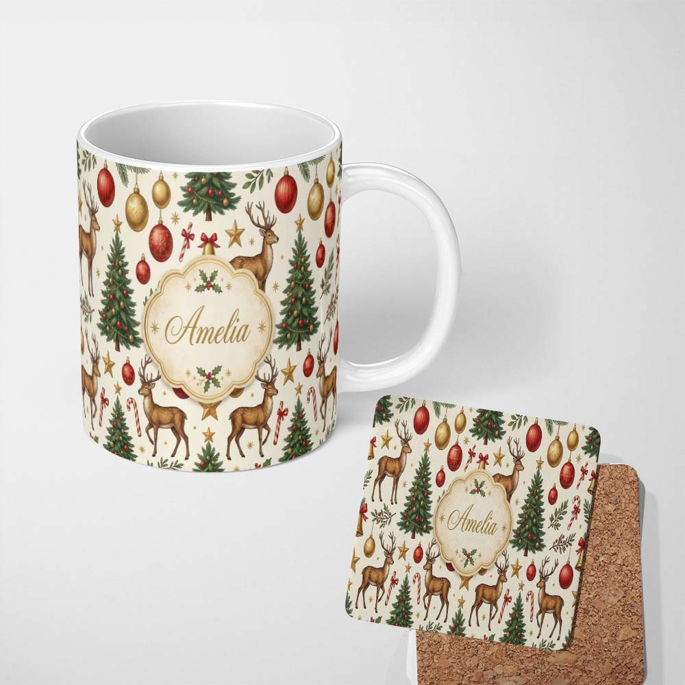 Personalized Custom Name Cute Reindeer Christmas Trees Baubles and Festive Holiday Elements 11oz Ceramic Coffee Tea Mug White Large Handle