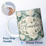 Personalized Custom Name White Roses with Green Leaves on Soft Blue Background Seamless 11oz Ceramic Coffee Tea Mug White Large Handle