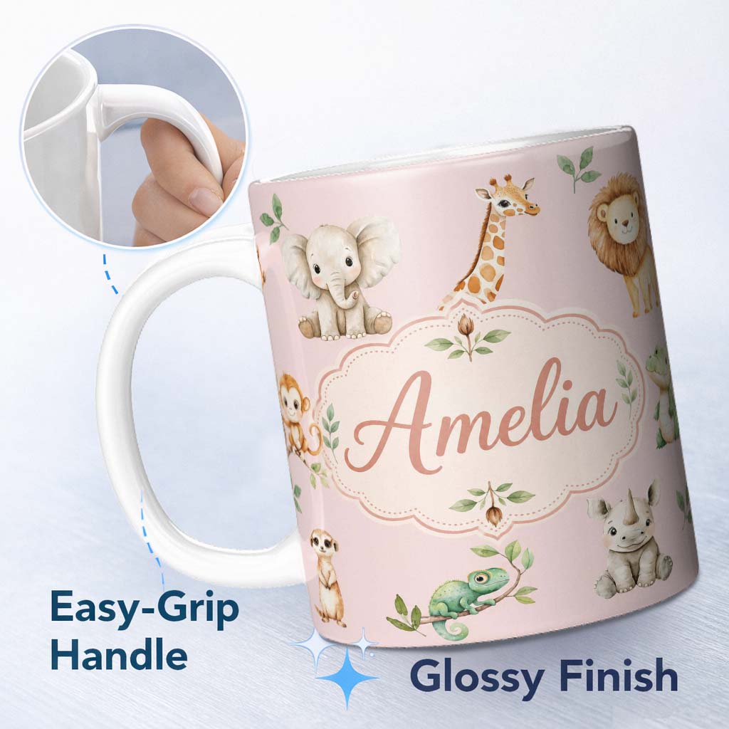 Personalized Custom Name Safari Animals with Elephant Lion and Crocodile on Blush Pink Lovely 11oz Ceramic Coffee Tea Mug White Large Handle