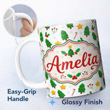 Personalized Custom Name Cute Christmas Tree Candy Cane Star Holly Seamless Pattern Festive 11oz Ceramic Coffee Tea Mug White Large Handle