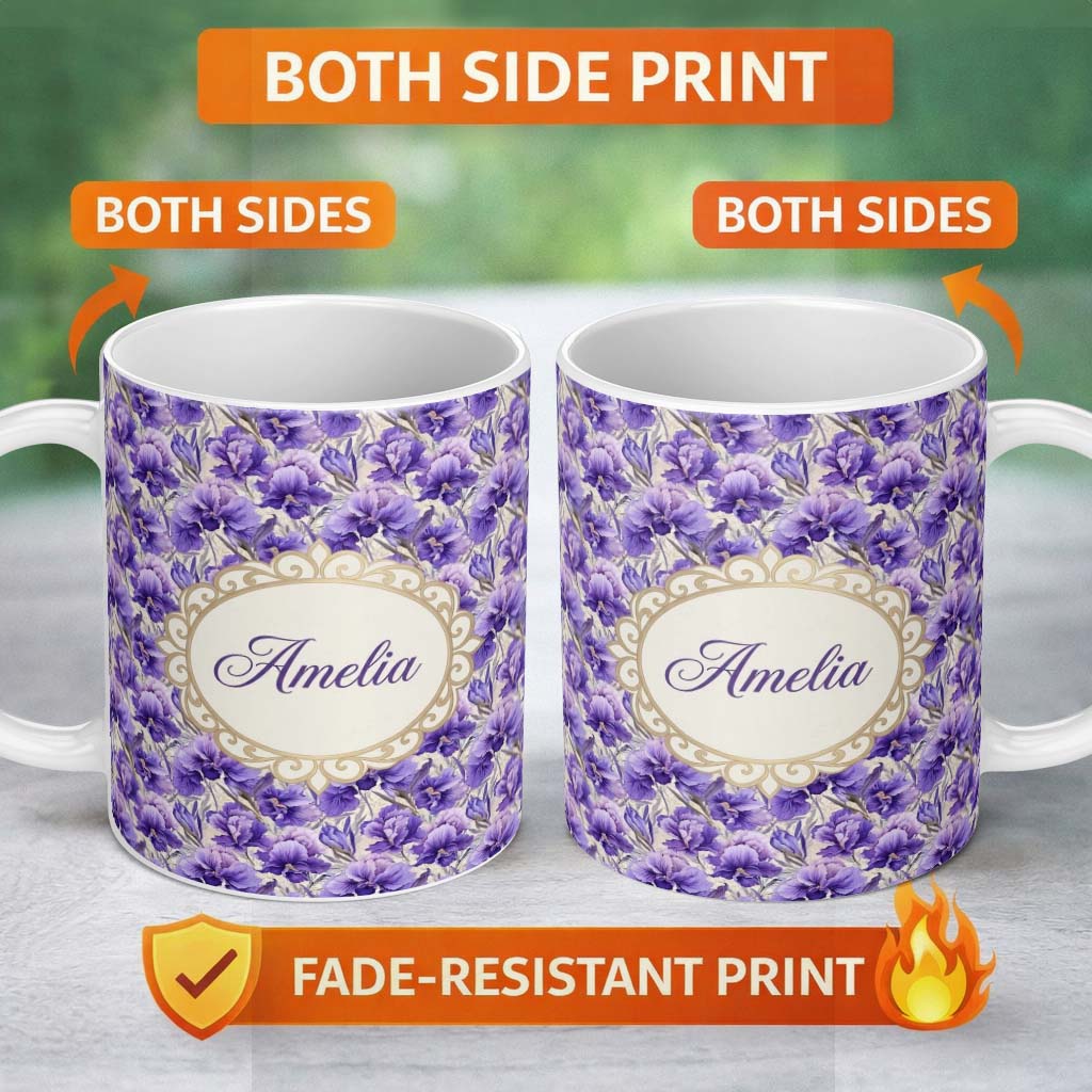 Personalized Custom Name Purple Iris Flower Garden Seamless Pattern Charming Kitchen Decor 11oz Ceramic Coffee Tea Mug White Large Handle