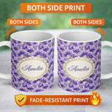 Personalized Custom Name Purple Iris Flower Garden Seamless Pattern Charming Kitchen Decor 11oz Ceramic Coffee Tea Mug White Large Handle