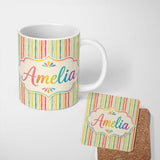 Personalized Custom Name Muted Multicolour Vertical Stripe Texture Seamless Pattern Lovely 11oz Ceramic Coffee Tea Mug White Large Handle