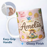 Personalized Custom Name Cute Farm Animals Girl Pig Cow Chicken Soft Pink Background Seamless 11oz Ceramic Coffee Tea Mug White Large Handle