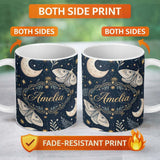 Personalized Custom Name Mystical Tree Moon Stars Celestial Forest Seamless Pattern Lovely 11oz Ceramic Coffee Tea Mug White Large Handle