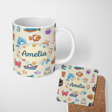 Personalized Custom Name Cartoon Sea Animals Diver Dolphin Shark Crab Boat Lighthouse Cream 11oz Ceramic Coffee Tea Mug White Large Handle