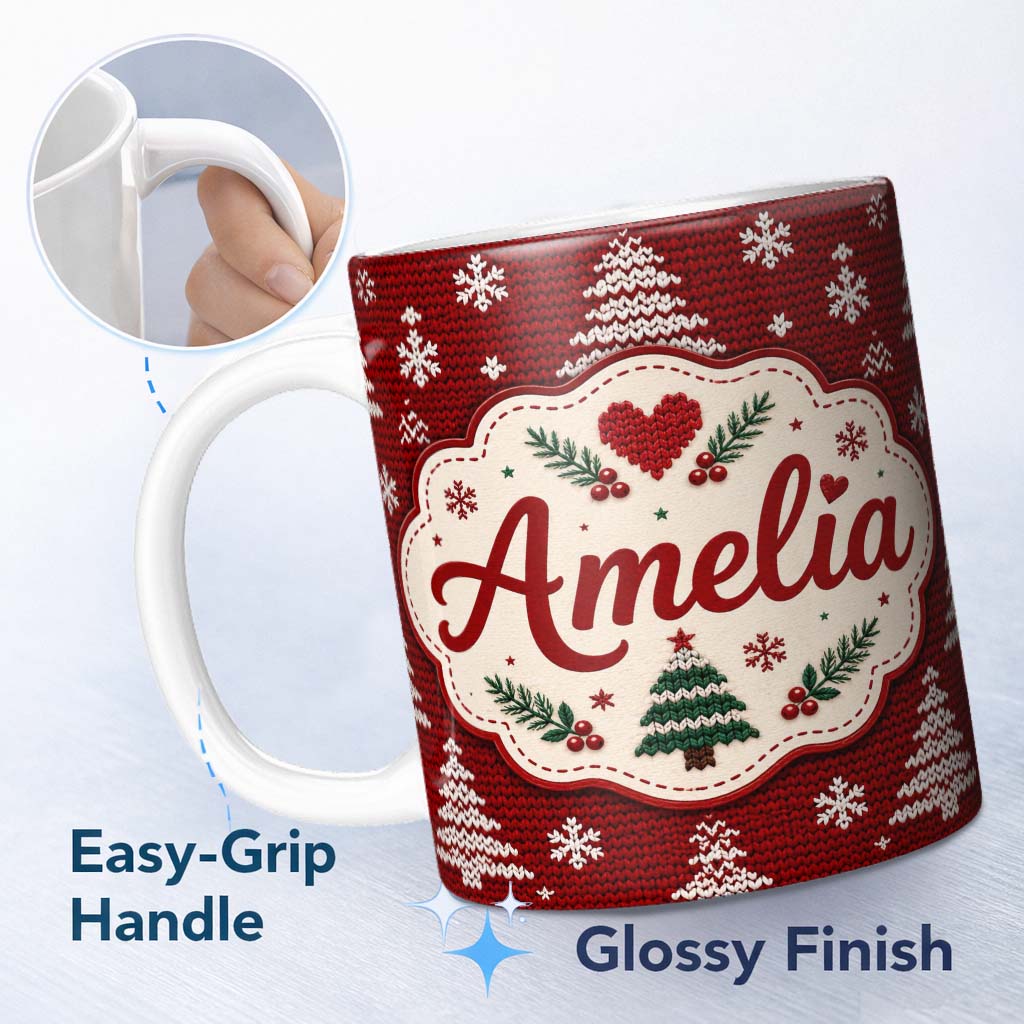 Personalized Custom Name Cute Red White Knitted Christmas Tree Snowflake Nordic Seamless 11oz Ceramic Coffee Tea Mug White Large Handle
