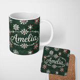 Personalized Custom Name Cute Winter Snowflakes Red White Green Seamless Pattern Lovely 11oz Ceramic Coffee Tea Mug White Large Handle
