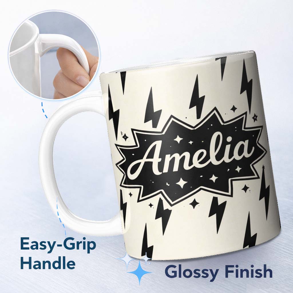 Personalized Custom Name Minimal Lightning Bolt Black Cream Modern Graphic Pattern Lovely 11oz Ceramic Coffee Tea Mug White Large Handle