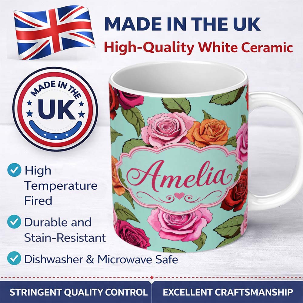 Personalized Custom Name Colorful Roses on Soft Mint Background Seamless Floral Pattern 11oz Ceramic Coffee Tea Mug White Large Handle