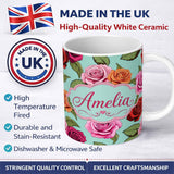 Personalized Custom Name Colorful Roses on Soft Mint Background Seamless Floral Pattern 11oz Ceramic Coffee Tea Mug White Large Handle