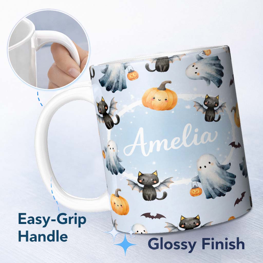 Personalized Custom Name Halloween Ghost Pumpkin Cat Seamless Pattern Cute Spooky Kawaii 11oz Ceramic Coffee Tea Mug White Large Handle