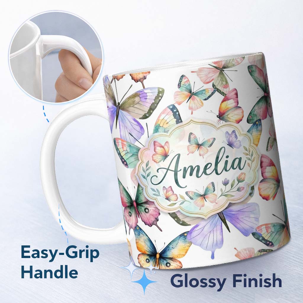 Personalized Custom Name Pastel Watercolor Butterflies Yellow Background Seamless Pattern 11oz Ceramic Coffee Tea Mug White Large Handle