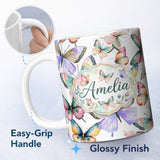 Personalized Custom Name Pastel Watercolor Butterflies Yellow Background Seamless Pattern 11oz Ceramic Coffee Tea Mug White Large Handle