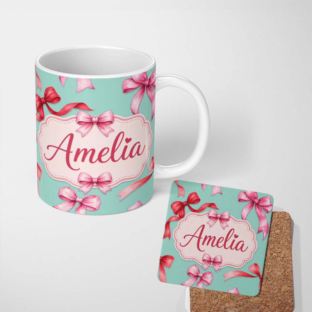 Personalized Custom Name Watercolor Ribbon Bow Seamless Pattern on Teal Background Lovely 11oz Ceramic Coffee Tea Mug White Large Handle