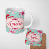 Personalized Custom Name Watercolor Ribbon Bow Seamless Pattern on Teal Background Lovely 11oz Ceramic Coffee Tea Mug White Large Handle
