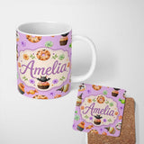 Personalized Custom Name Cute Halloween Spooky Donuts Cupcakes Treats Purple Background 11oz Ceramic Coffee Tea Mug White Large Handle