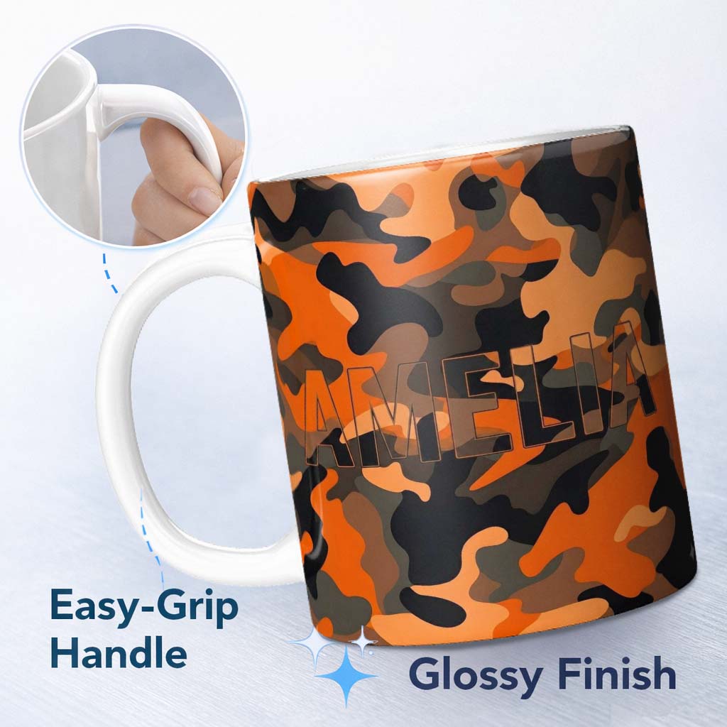 Personalized Custom Name Orange Black Urban Camouflage Bold Seamless Pattern Cute Unique Gift 11oz Ceramic Coffee Tea Mug White Large Handle