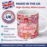 Personalized Custom Name Cute Teddy Bear Cupid Cakes Hearts Flowers Valentine Kawaii Red 11oz Ceramic Coffee Tea Mug White Large Handle