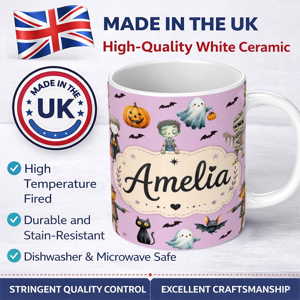 Personalized Custom Name Halloween Zombie Mummy Vampire Bat Spooky Purple Seamless Pattern 11oz Ceramic Coffee Tea Mug White Large Handle