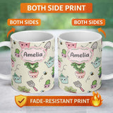 Personalized Custom Name Cute Kawaii Garden Tools Plants Bees Seamless Pattern Cream Lovely 11oz Ceramic Coffee Tea Mug White Large Handle