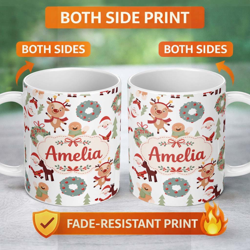 Personalized Custom Name Cute Santa Reindeer Gingerbread Wreath Seamless Pattern Lovely 11oz Ceramic Coffee Tea Mug White Large Handle