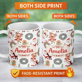 Personalized Custom Name Cute Santa Reindeer Gingerbread Wreath Seamless Pattern Lovely 11oz Ceramic Coffee Tea Mug White Large Handle